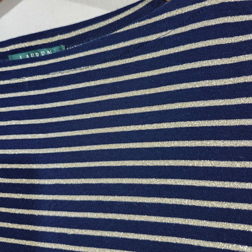 LAUREN Ralph Lauren Women's M Striped Metallic Gold & Navy Boatneck TShirt Top - Picture 5 of 11